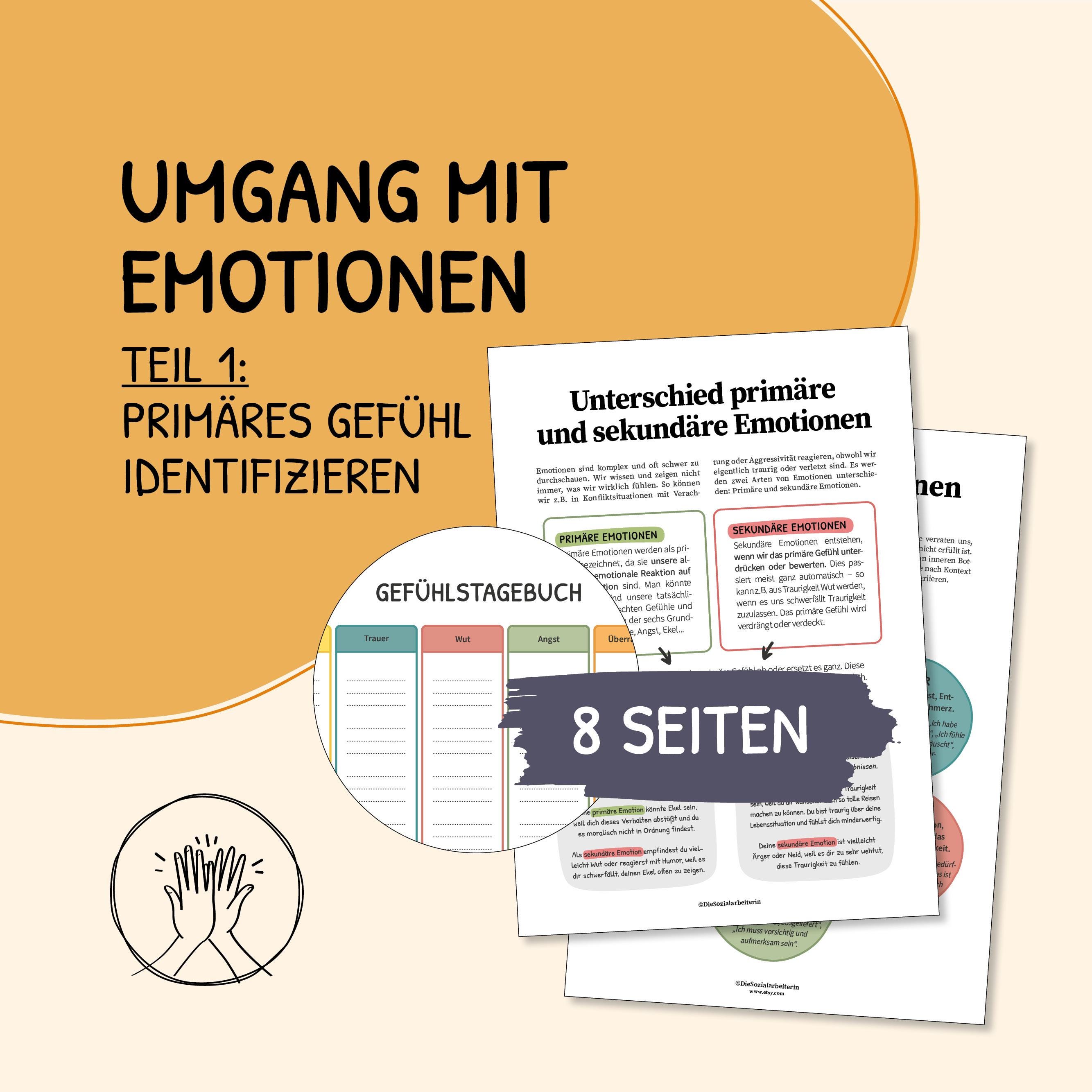 Dealing with feelings, primary feeling, reflecting on emotions, therapy, social work, mental health, digital template German, PDF