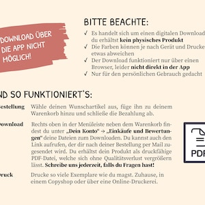 May include: A digital download information sheet with instructions and a PDF icon. The text includes information about downloading, printing, and using the digital product. A red banner states "Download &uuml;ber die App nicht m&ouml;glich!"