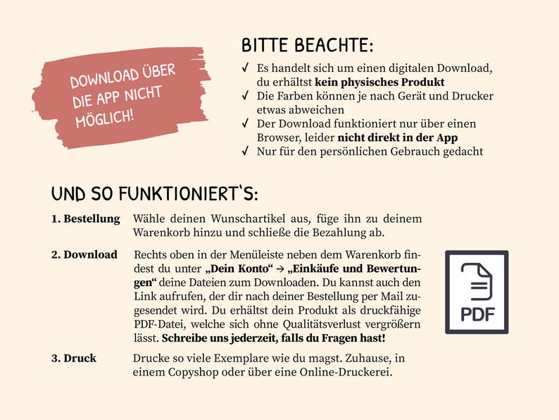 May include: A digital download information sheet with instructions and a PDF icon. The text includes information about downloading, printing, and using the digital product. A red banner states "Download &uuml;ber die App nicht m&ouml;glich!"