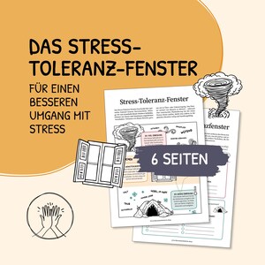Op de afbeelding: Een educatief document van zes pagina's getiteld DAS STRESS-TOLERANZ-FENSTER met illustraties van een tornado, een raam en een grot. De pagina's bevatten Duitse tekst, diagrammen over stressniveaus en een afbeelding van klappende handen.
