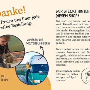 May include: Two women, Nicole and Vanessa, stand in front of a green van and a hedgehog enclosure. The text "Wer steckt hinter diesem Shop?" is written in bold, black letters at the top of the image. The text "Danke!" is written in bold, orange letters at the top left of the image. The text "Wir freuen uns &uuml;ber jede einzelne Bestellung." is written in black letters below "Danke!" The text "Nicole, die Igelretterin" is written in black letters below the image of Nicole. The text "Vanessa, die Weltenbummlerin" is written in black letters below the image of Vanessa.