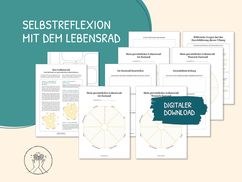 K&ouml;nnte beinhalten: Ein druckbares Arbeitsblatt zur Selbstreflexion mit einem Lebensrad. Das Arbeitsblatt enth&auml;lt Anweisungen, eine Lebensradvorlage und Fragen, die Ihnen helfen, Ihren aktuellen Zustand und Ihren gew&uuml;nschten zuk&uuml;nftigen Zustand zu beurteilen.