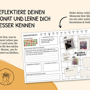 May include: A printable monthly planner with a black and white design. The planner includes sections for reflecting on the month, setting goals, and tracking mood. It also has a calendar grid for recording special moments with space for photos or notes.