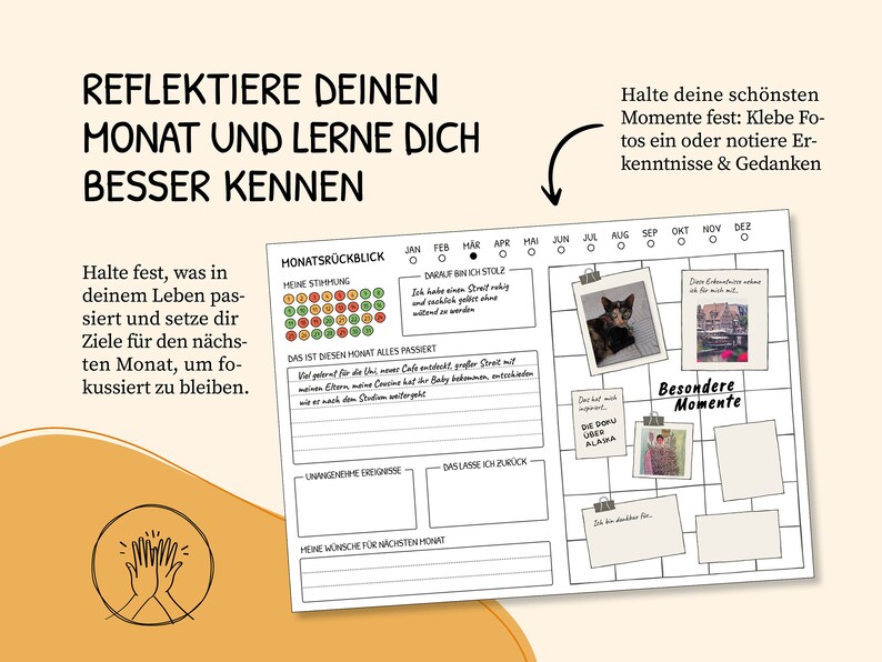 May include: A printable monthly planner with a black and white design. The planner includes sections for reflecting on the month, setting goals, and tracking mood. It also has a calendar grid for recording special moments with space for photos or notes.