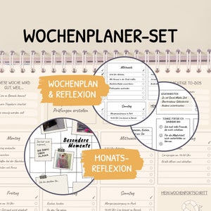 Könnte beinhalten: Ein druckbarer Wochenplaner und ein monatlicher Reflexions-Set mit gelbem Hintergrund. Der Planer enthält Abschnitte für tägliche Aufgaben, wöchentliche Ziele und monatliche Reflexionen. Das Set enthält auch einen Abschnitt für die Verfolgung von Gewohnheiten und Dankbarkeit.