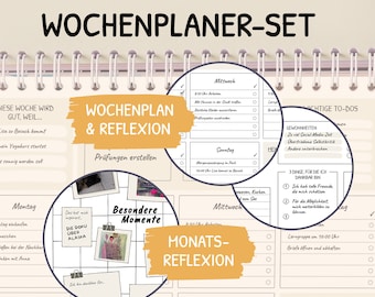 Weekly planner, weekly reflection, monthly reflection, planner set, to-do list, self-reflection, organization, weekly plan, template, German, PDF