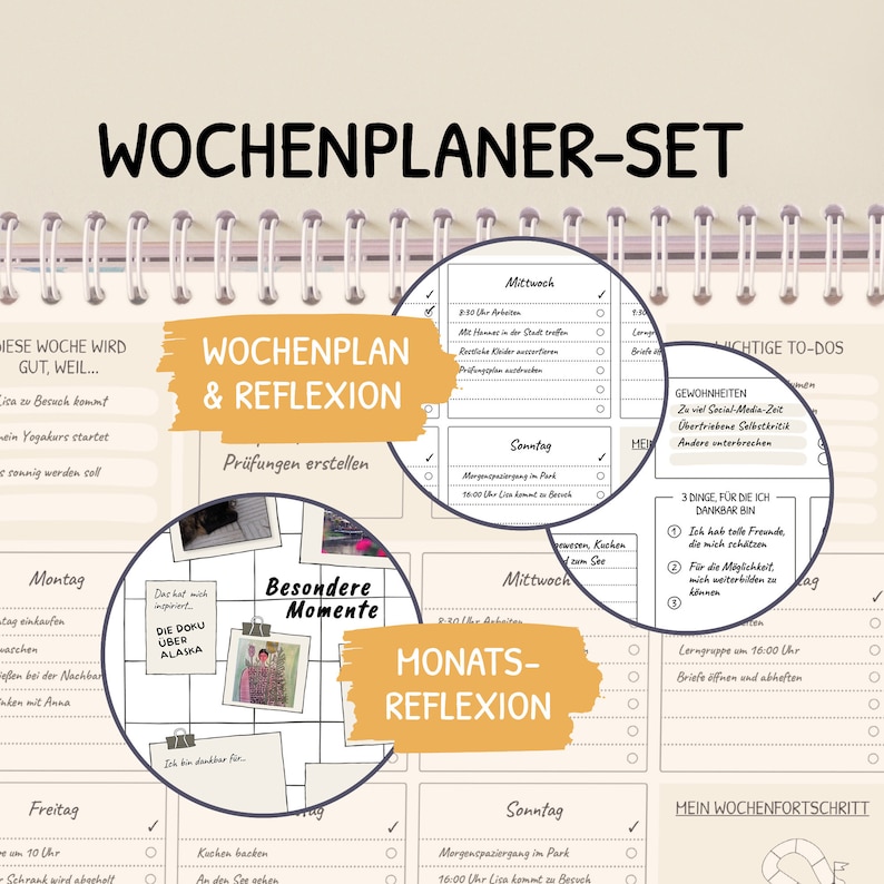 May include: A printable weekly planner and monthly reflection set with a yellow background. The planner includes sections for daily tasks, weekly goals, and monthly reflections. The set also includes a section for tracking habits and gratitude.