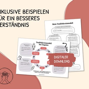 K&ouml;nnte beinhalten: Zwei druckbare Arbeitsbl&auml;tter mit einer Schwarzwei&szlig;illustration eines Kreisdiagramms mit dem Titel "Teufelskreismodell bei &Auml;ngsten". Der Text "DIGITALER DOWNLOAD" befindet sich in einem roten Kasten unten rechts im Bild.