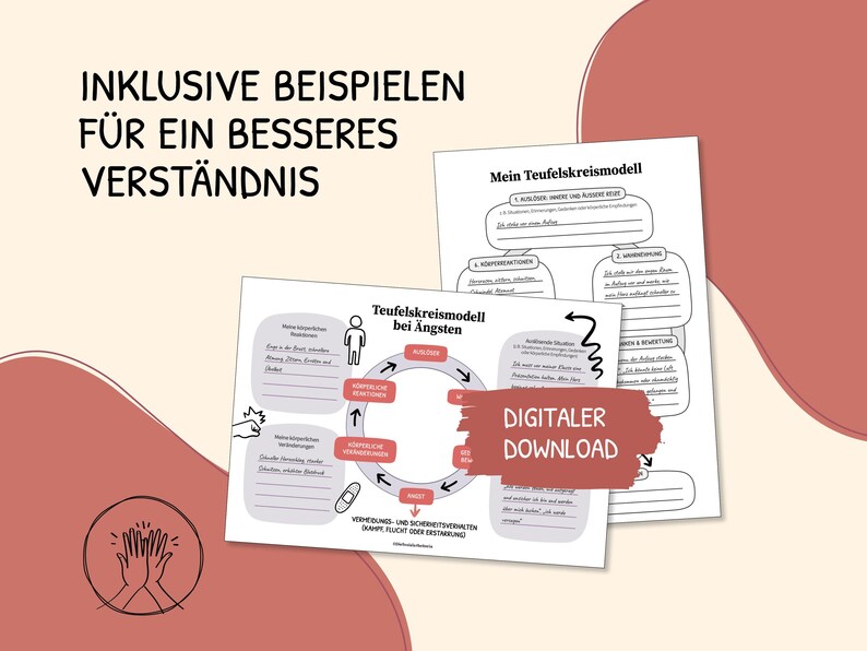 K&ouml;nnte beinhalten: Zwei druckbare Arbeitsbl&auml;tter mit einer Schwarzwei&szlig;illustration eines Kreisdiagramms mit dem Titel "Teufelskreismodell bei &Auml;ngsten". Der Text "DIGITALER DOWNLOAD" befindet sich in einem roten Kasten unten rechts im Bild.