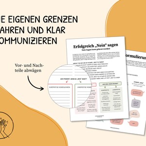 May include: A printable worksheet with the title "Die eigenen Grenzen wahren und klar kommunizieren" (German for "Communicating your own boundaries truthfully and clearly"). The worksheet includes tips on how to successfully say "no" and how to weigh the pros and cons of saying "no".
