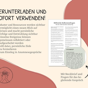 May include: A digital download with German text, including "HERUNTERLADEN UND SOFORT VERWENDEN!" and a list of benefits. The image also features a document with the title "Hilfreiche Reflexionsfragen" and a circular inset with text. A hand-clapping graphic is at the bottom.