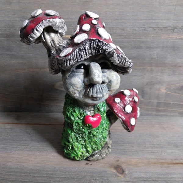 Goblin core, clay sculpture, fairy tale, mushroom spirit, plant friend, plant life, goblin, amanita mushroom, toadstool mushroom