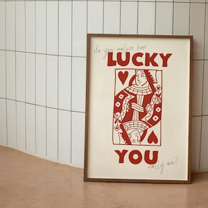 Lucky You Queen - Preppy Art Print - Positive Retro Quote Art - Playing Card - Trendy Dorm Typography Print - Digital Download 1 Print