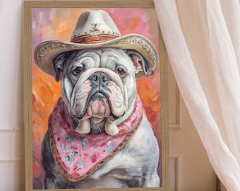 Lilac Bulldog Cowgirl Sunset Art Print – Trendy Western Decor (Digital Download)