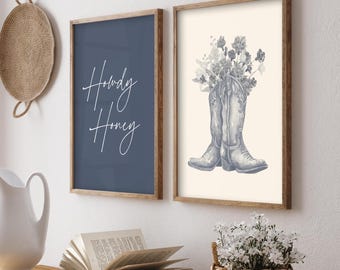 Floral Cowboy Boots Art Print Set – Western Dorm Decor (Digital Download)