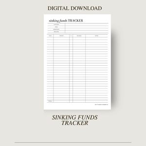 May include: A digital download planner page with the text "sinking funds TRACKER". The page has a white background with black text and lines for tracking finances. The top of the page reads "ELEVATE YOUR PLANNER DIGITAL DOWNLOAD".