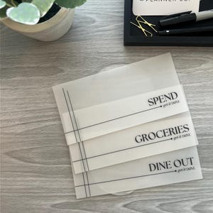 May include: Three white budget envelopes with black lines and text. The envelopes are labeled "Spend", "Groceries", and "Dine Out". Each label includes the text "get it DONE" in smaller font.