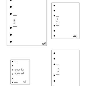 May include: A diagram showing the layout of paper sizes A5, A6, and A7, with evenly spaced dots and measurements in inches. The A5 size has a 2.78 in. measurement, A6 has 1.5 in., and A6 personal has 2 in.