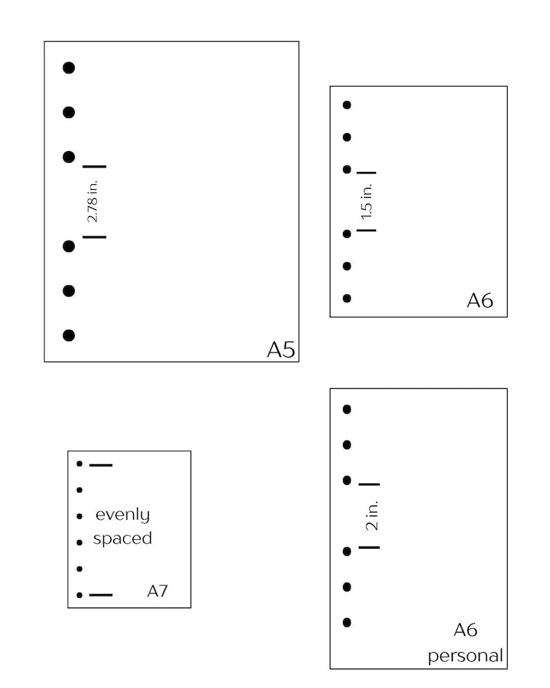 May include: A diagram showing the layout of paper sizes A5, A6, and A7, with evenly spaced dots and measurements in inches. The A5 size has a 2.78 in. measurement, A6 has 1.5 in., and A6 personal has 2 in.