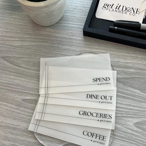 May include: Four white translucent sheets with black text and lines. The text on the sheets reads "Spend, Dine Out, Groceries, Coffee" with the words "get it done" underneath each.
