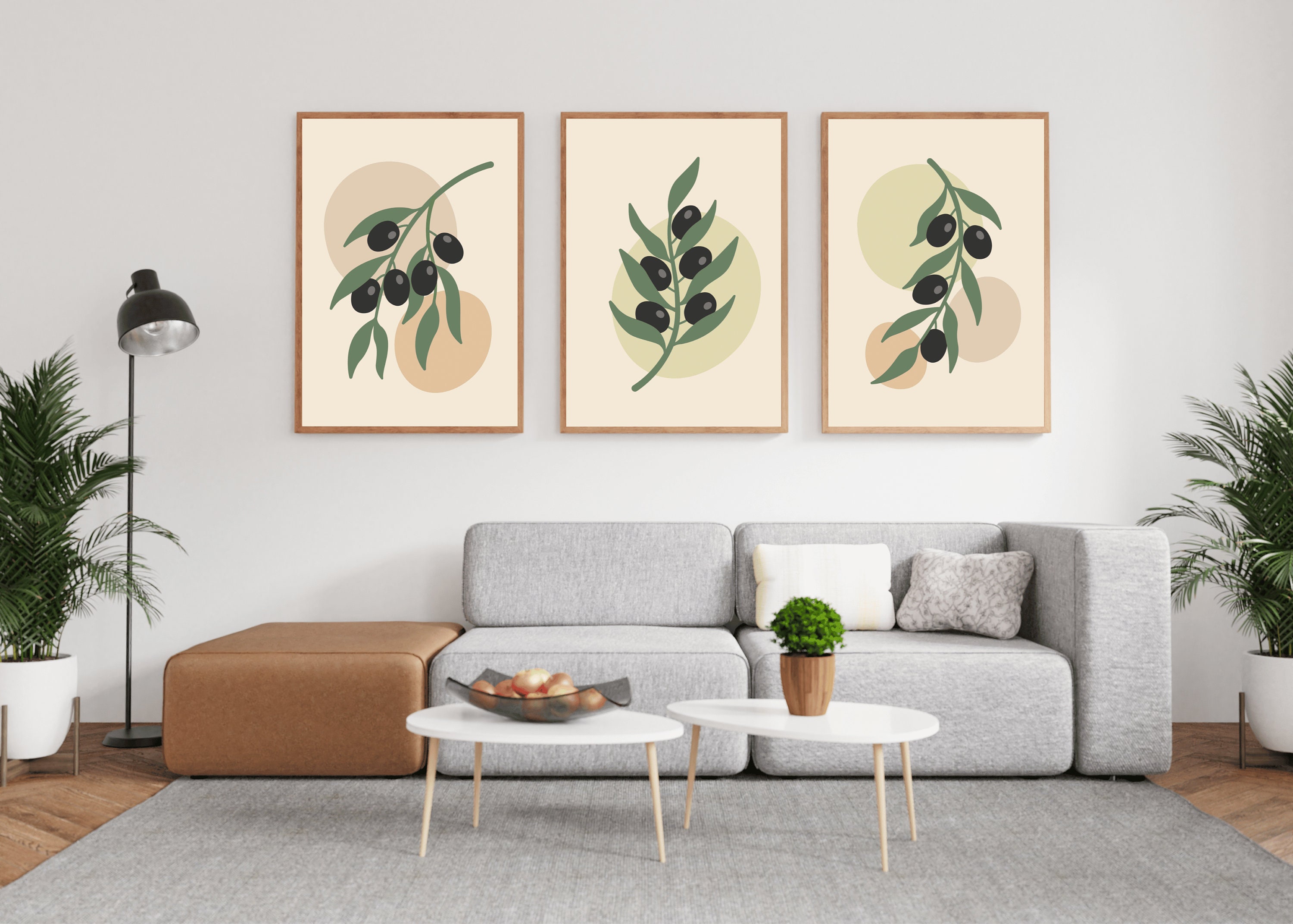 Olive Green Wall Art Set of 3, Mid Century Modern Art Print Set of 3