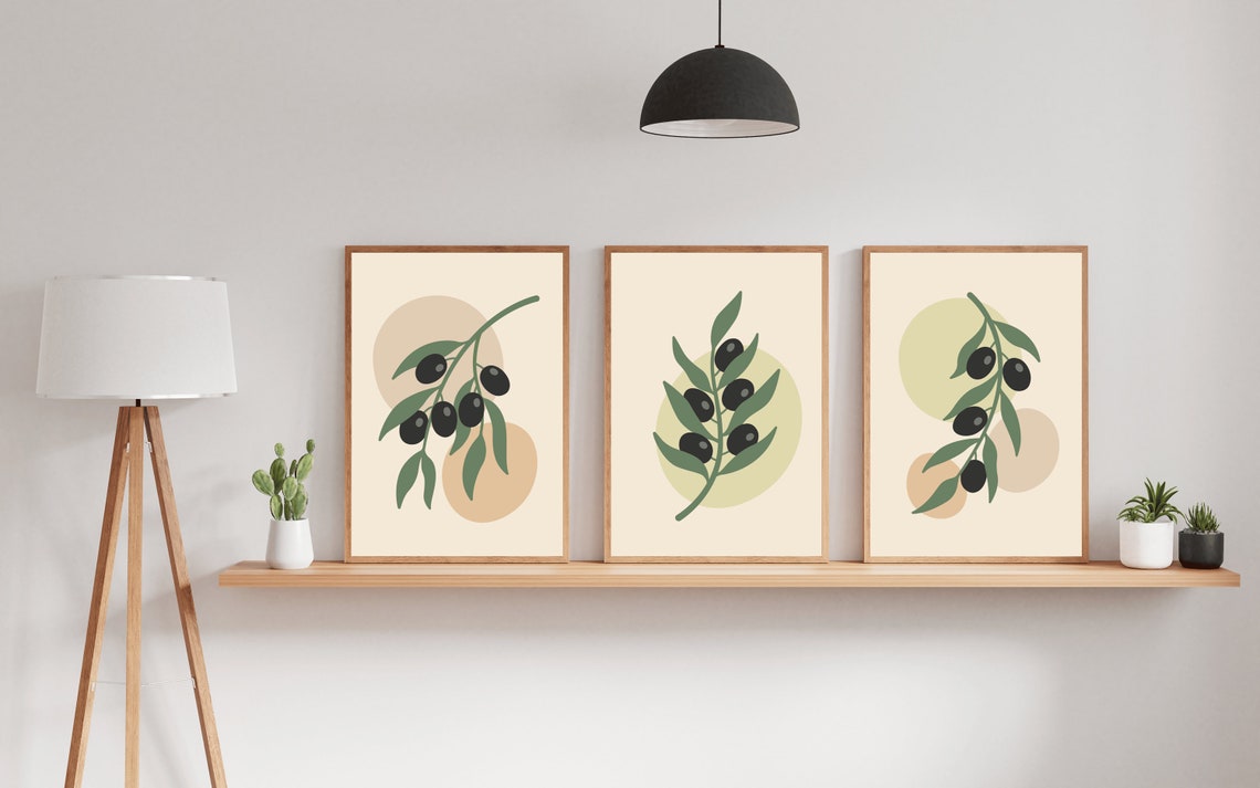 Olive Green Wall Art Set of 3, Mid Century Modern Art Print Set of 3