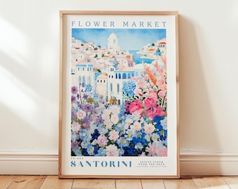 Santorini, Flower Market Prints,  Flower Prints, Romantic Art, City Prints, Travel Art Prints, Botanical Prints, Floral Print, Wall Art