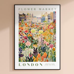 Blumenmarkt London Print, London Reisekunst, großes modernes Poster, botanische Wandkunst, grüne Wandkunst, trendige Wandkunst, Blumenillustration