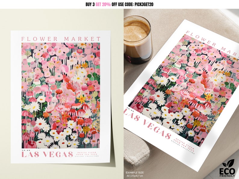 Las Vegas Flower Market Poster, USA Travel Art, Botanical Wall Decor, Pink Marguerite Daisy, Floral Illustration, White Daisy Wall Art image 9