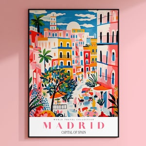 Póster de viaje de Madrid, impresión de España, arte mural de Madrid, póster vintage, póster retro, arte mural de la ciudad, arte mural europeo, póster de Madrid, capital