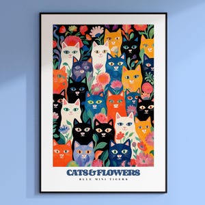 Blue and Red Cats Print, Black and White Cats, Flower Cats, Cute Cat At, Funny Cat Poster, Retro Cat Print, Cat Lover Gift, Cat Illustration