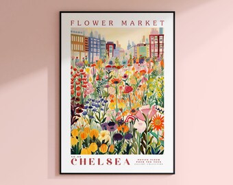 Chelsea Blumenmarkt Druck, London Reisekunst, Rose, Skyline der Stadt, botanische Poster, Herbst Wandkunst, trendige Wandkunst, Blumenillustration