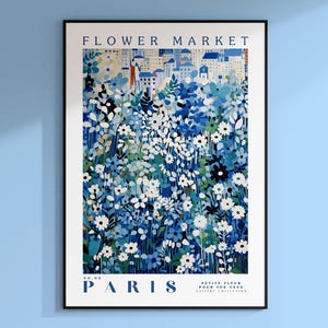 Póster del Mercado de Flores de París, Arte Floral Azul, Arte Mural Botánico Azul, Arte de Viajes a París, Pósteres Azules y Blancos, Colección de Arte Floral