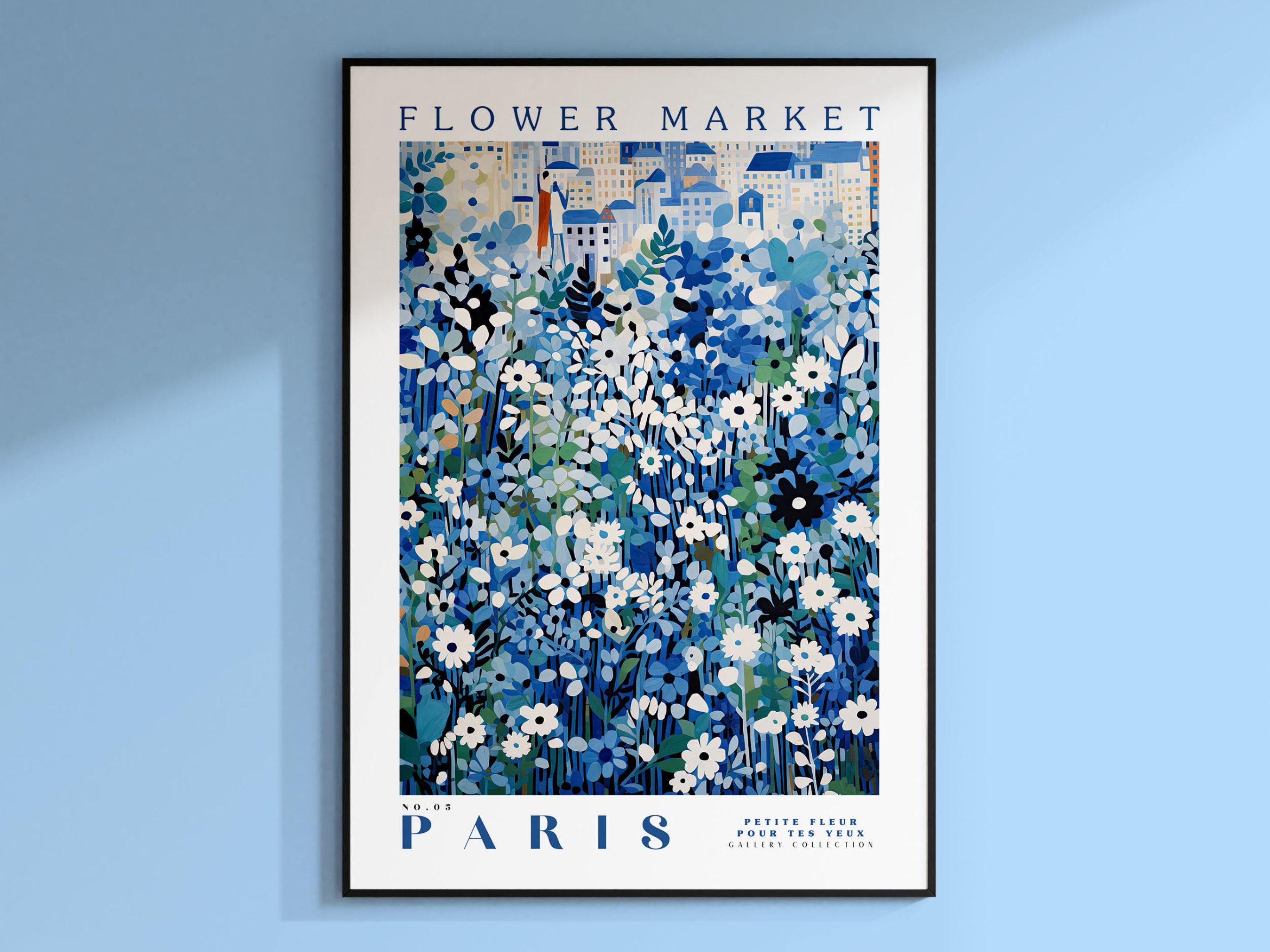 Paris Blumenmarkt Poster, Blaue Blumenkunst, Blaue Botanische Wandkunst, Paris Reisekunst, Blaue und Weiße Plakate, Blumenkunstsammlung