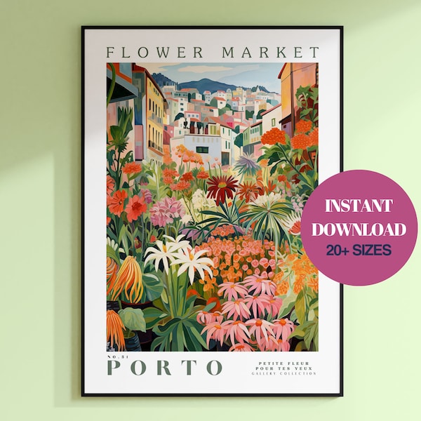 Porto Flower Market Print, Instant Download, Botanical Wall Art, Portugal Travel Art, Downloadable Wall Art, Green and Purple Flower Poster,