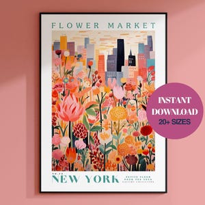 Flower Market Print, New York Wall Art, New York Poster, Manhattan Poster, Botanical Wall Art, Travel Poster, Pink Wall Art, New York City