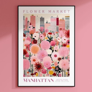Flower Market Print Manhattan, Manhattan Art Print, Manhattan Painting, Manhattan Poster, New York Art, Botanical Wall Art, Pink Wall Art