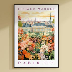 Impresión del Mercado de Flores de París, Arte de Viaje a Francia, Arte Mural Moderno, Arte Mural Botánico, Arte Morado, Peonía Rosa, Rosa Morada, Ilustración Floral