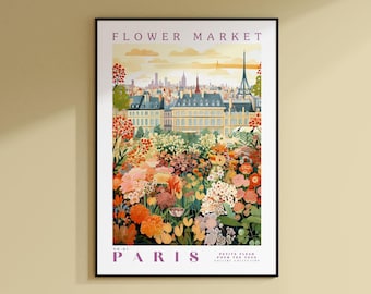 Flower Market Paris Print, France Travel Art, Trendy Wall Art, Botanical Wall Art, Purple Art, Pink Peony, Purple Rose, Floral Illustration