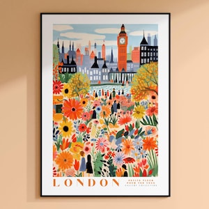 London Flower Market Poster, London Travel Art, Big Ben Print, London City wall Art, Watercolor London Floral Illustration, Christmas Gift