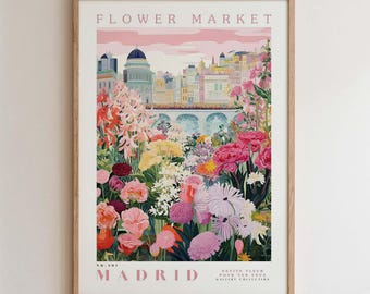 Madrid Flower Market Print, Romantic Botanical Cityscape Wall Art