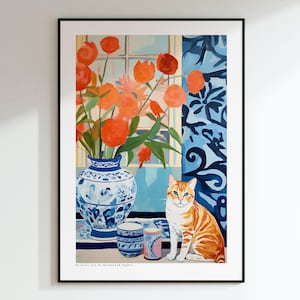 Brown and White Cat Poster, Trendy Cat Wall Art, Home Decor Print, Blue Wall Art, Cat Lover Gift, Watercolor Cat Illustration, Cat Print