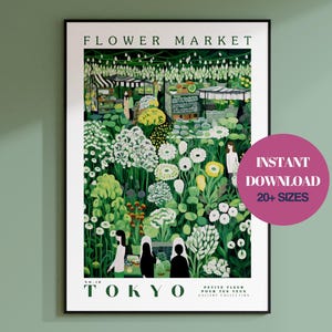 Tokyo Flower Market Print, Instant Download, Botanical Wall Art, Green Japan Flowers, Tokyo City Print, Japan Travel Art, Digital Print