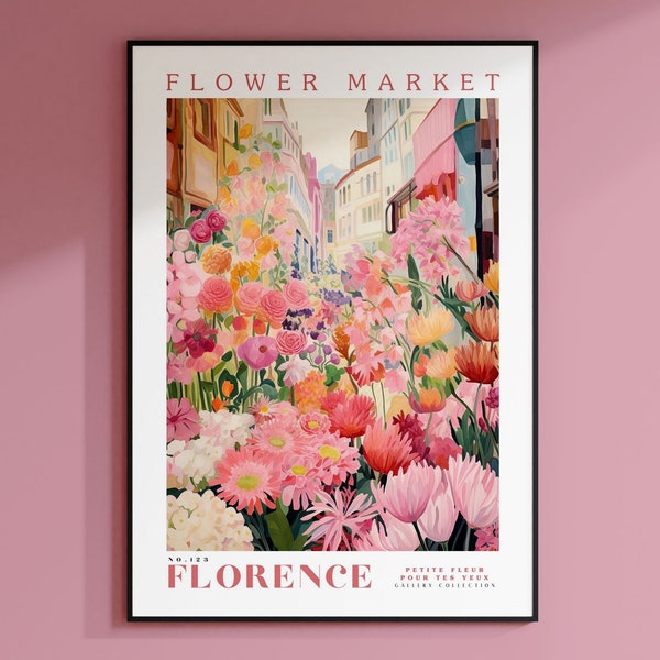 Flower Market Florence Print, Italy Travel Art, Large Modern Poster, Botanical Wall Art, Pink Flowers, Trendy Wall Art, Floral Illustration