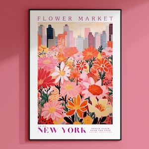 Flower Market Print, New York Wall Art, New York Poster, Manhattan Poster, Botanical Wall Art, Travel Poster, Pink Wall Art, New York City