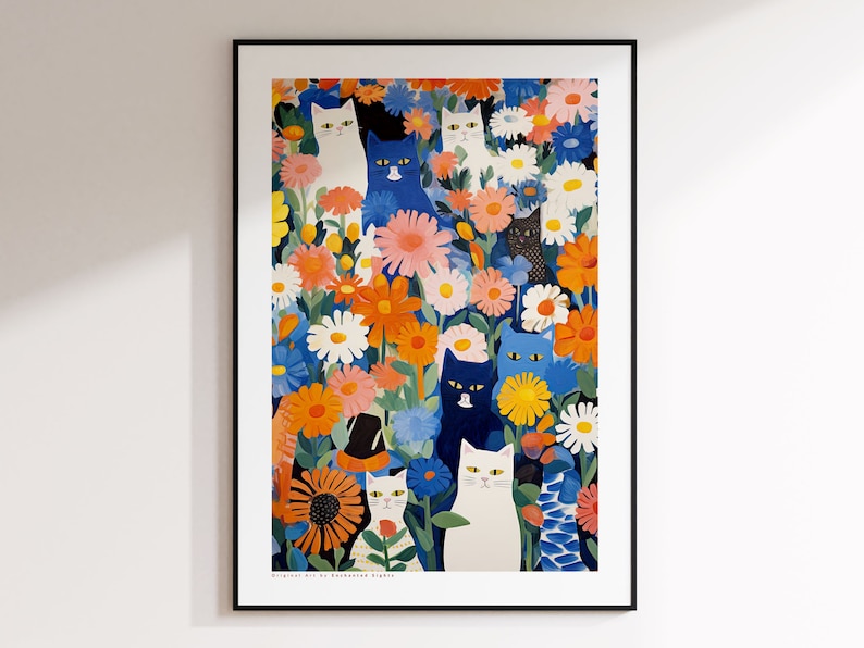 Katze im Garten, Blumen und Katzen, blaue Wandkunst, Blumenkunstdruck, Katzenkunstdruck, Katzenillustration, florale Wanddekoration, Geschenke für Katzenliebhaber Bild 1