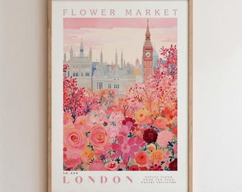 London, Flower Market Prints,  Flower Prints, Romantic Art, City Prints, Travel Art Prints, Botanical Prints, Floral Print, Wall Art