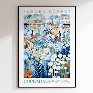 Póster del mercado de flores, arte de viajes a Copenhague, arte urbano de Copenhague, arte mural botánico, arte floral azul y blanco, jardín de flores, arte natural