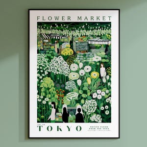 Tokyo Flower Market Poster, Tokyo Floral Art, Japan Travel Poster, Japan Wall Art, Emerald Green Poster, Botanical Wall Art, Japan City Art