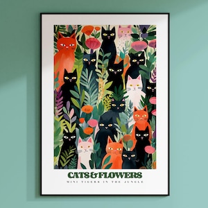 Black And White Cats, Summer Flower Print, Red Cats, Green Ferns, Cats in Garden, Funny Cat Poster, Eclectic Wall Art, Cat Illustration